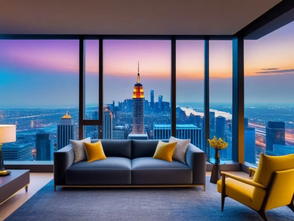 Penthouse de lujo con vistas a la ciudad al anochecer Propiedad de lujo: penthouse moderno con vista a la ciudad al anochecer