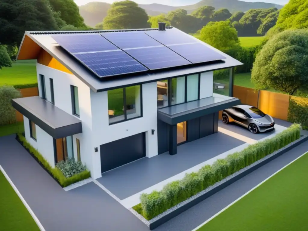 Casa energética moderna con paneles solares y tecnología verde Una propiedad moderna y eficiente rodeada de naturaleza, con paneles solares y tecnología eco