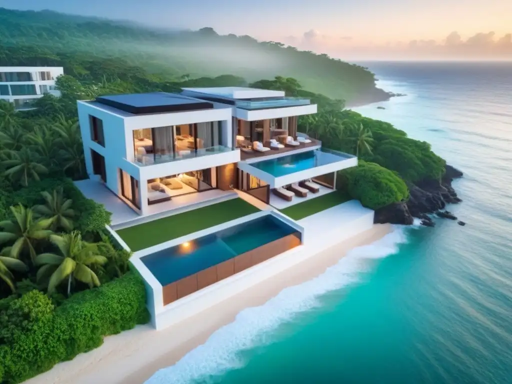 Propiedad de playa moderna con vista aérea impresionante Una propiedad moderna en la playa con diseño arquitectónico elegante, rodeada de vegetación exuberante y vista al mar cristalino al atardecer