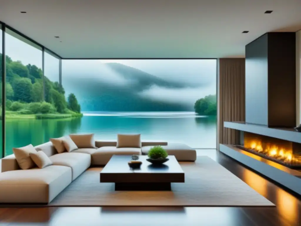 Salón de lujo con vista al lago y decoración contemporánea Refinanciar propiedad préstamo VA en lujoso salón moderno con vista al lago y decoración elegante