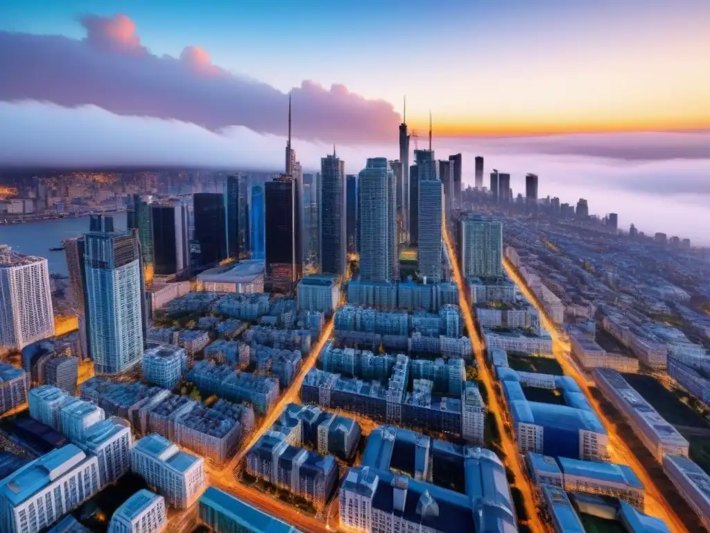 Metrópolis en crecimiento: lujo y modernidad urbana Propiedades con alto potencial de valorización: Vista aérea impresionante de una ciudad en crecimiento con rascacielos modernos y calles bulliciosas bordeadas de edificios de lujo