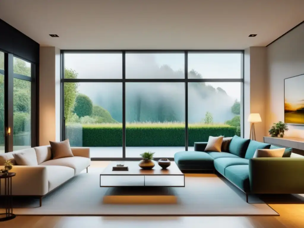 Salón minimalista de lujo con vista a jardín verde en 8k Invertir en propiedades sin endeudarse: Amplia sala minimalista con ventanales, luz natural y jardín, transmite tranquilidad y lujo