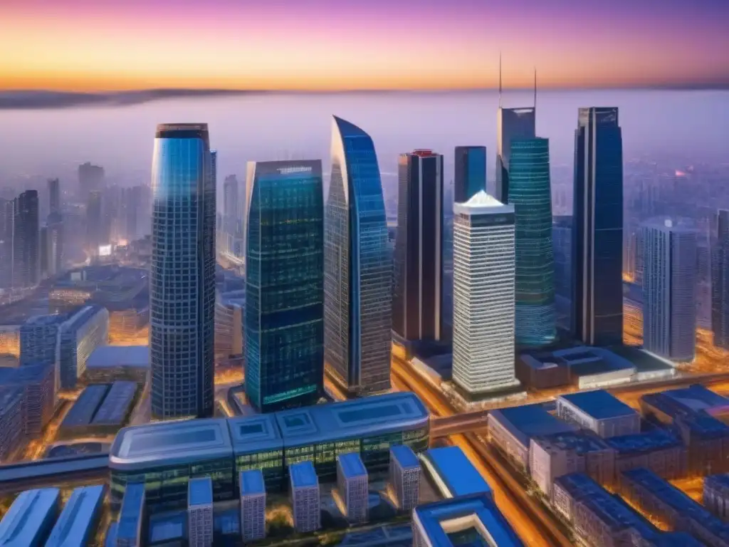 Paisaje urbano al atardecer: comercial y residencial en armonía Inversión en propiedades comerciales vs residenciales: Skyline urbano vibrante al atardecer