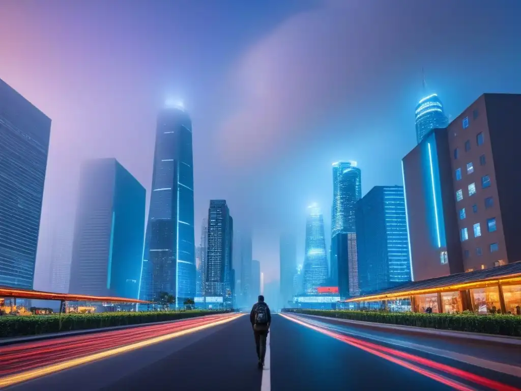 Metrópolis futurista: skyline urbano con arquitectura moderna Inversión en propiedades comerciales vs residenciales: Un skyline futurista iluminado y bullicioso al anochecer