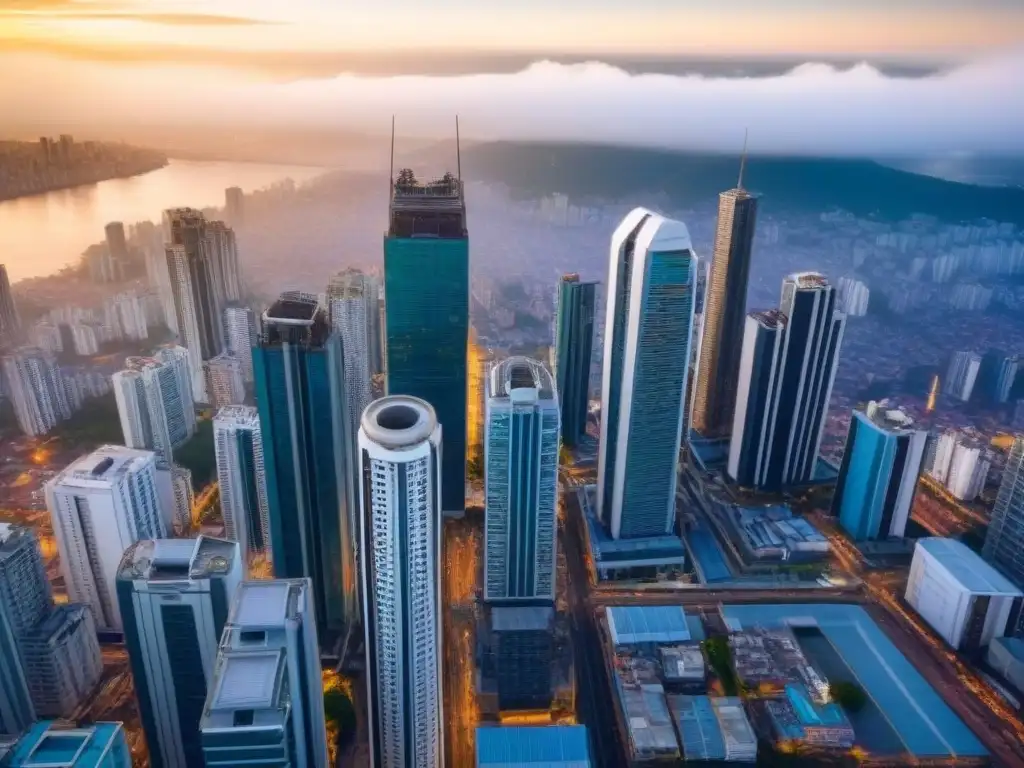Vibrante ciudad latinoamericana: modernidad y tradición en desarrollo Invierte en propiedades en construcción en una ciudad latinoamericana, mezcla de rascacielos y arquitectura tradicional