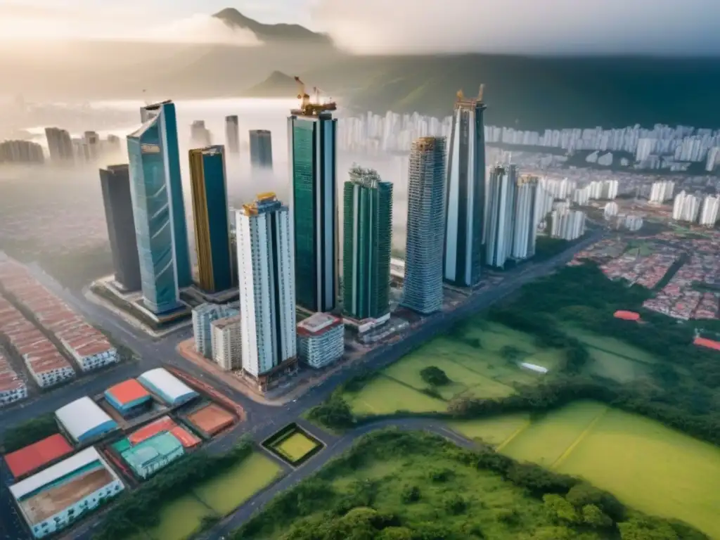 Panorama urbano en América Latina: oportunidades de inversión inmobiliaria Invertir en propiedades en construcción: Una vista aérea impresionante de un paisaje urbano vibrante en Latinoamérica, mostrando una mezcla de rascacielos modernos y edificios tradicionales, con sitios de construcción dispersos por todo el paisaje