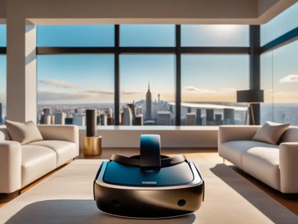 Explora propiedades inmobiliarias con una narración virtual en un lujoso salón futurista