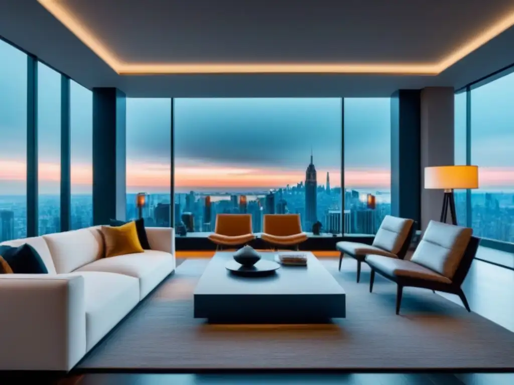 Salón moderno con vistas urbanas en 8k Promoción de propiedades inmobiliarias en video: Sala moderna con ventanales y vista a la ciudad, decoración elegante y pantalla de TV