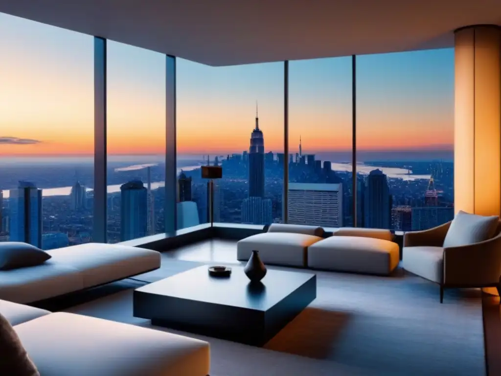 Exclusivo penthouse moderno con vista panorámica en ciudad al atardecer Invierte en propiedades de lujo: lujoso ático moderno con vista panorámica de la ciudad al atardecer y elegante diseño interior