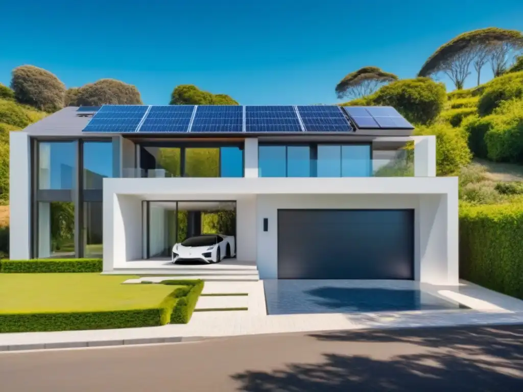 Residencia eco-lujosa: lujo y sostenibilidad en armonía Invertir en propiedades de lujo sostenibles: Mansión moderna rodeada de vegetación, paneles solares brillantes y un auto eléctrico en la entrada