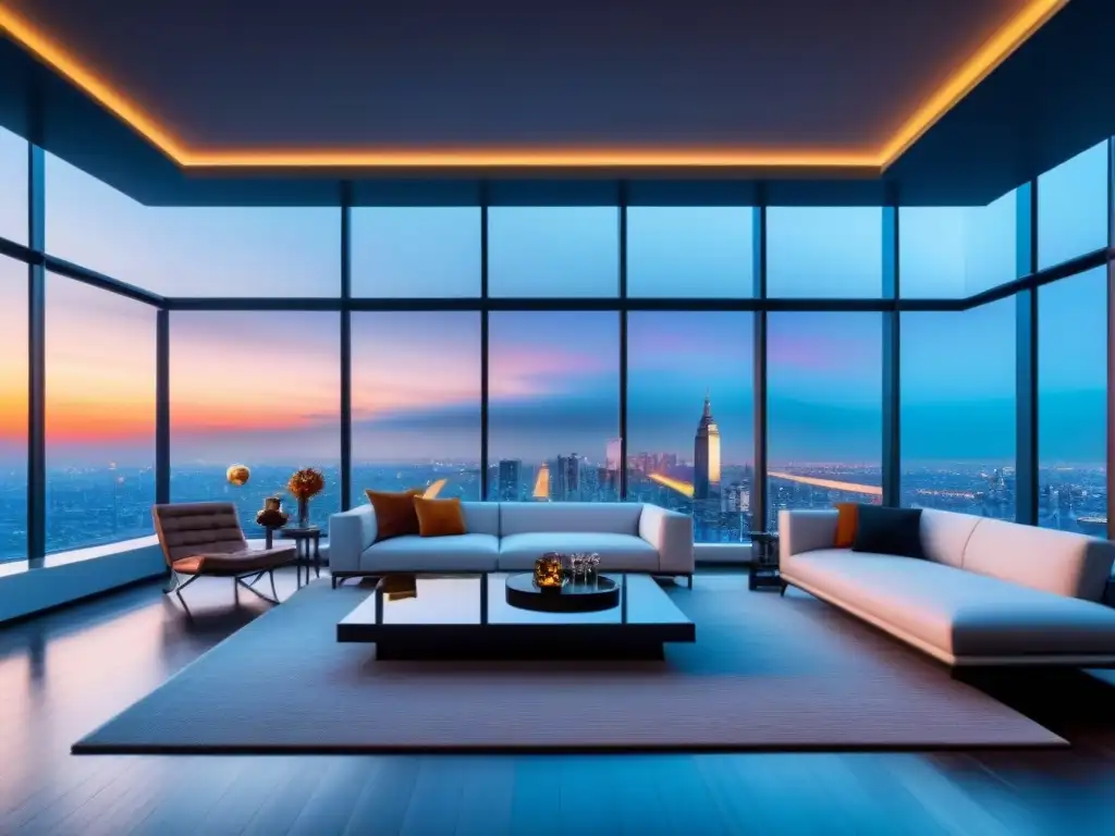 Penthouse de lujo con vista a la ciudad al atardecer Inversión en propiedades de lujo: Penthouse moderno con diseño interior elegante y vista a la ciudad al atardecer