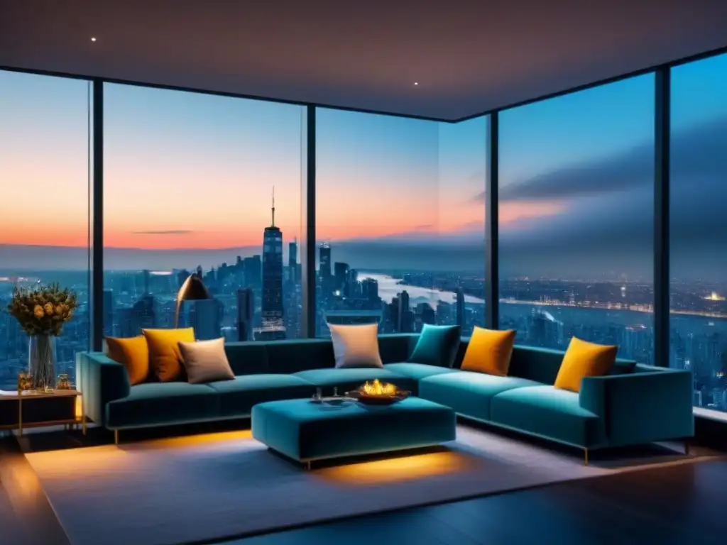 Penthouse de lujo con vista nocturna a la ciudad Invertir en propiedades de lujo: Penthouse moderno con vista nocturna de la ciudad, muebles elegantes y diseño sofisticado