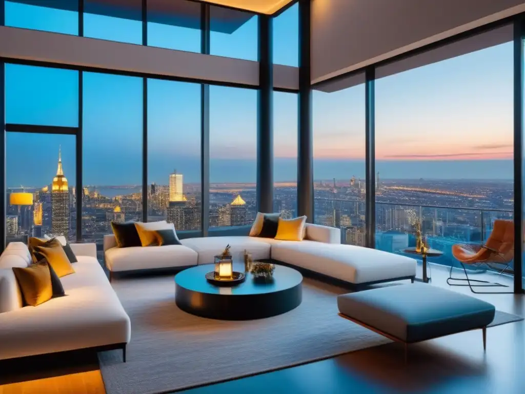 Penthouse de lujo con vistas urbanas al atardecer Invierte en propiedades de lujo: Penthouse moderno con vista a la ciudad al atardecer