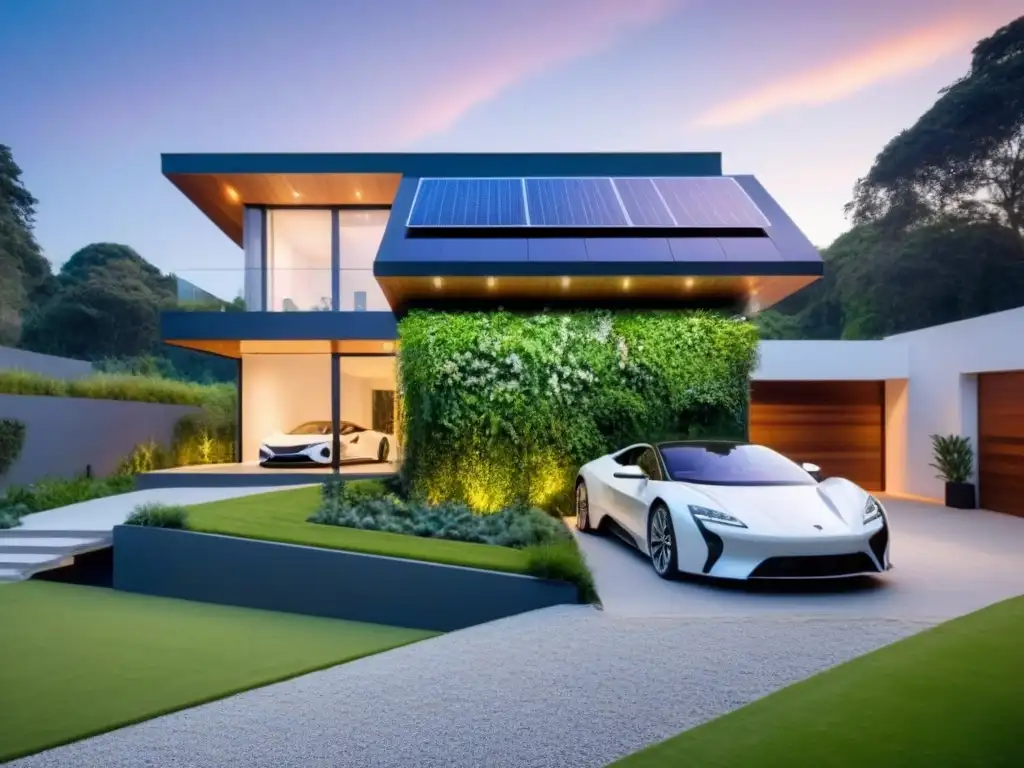 Mansión ecológica de lujo: diseño contemporáneo y sostenible Invertir en propiedades de lujo sostenibles: Mansión ecológica rodeada de vegetación, paneles solares, grandes ventanas y auto eléctrico en la entrada