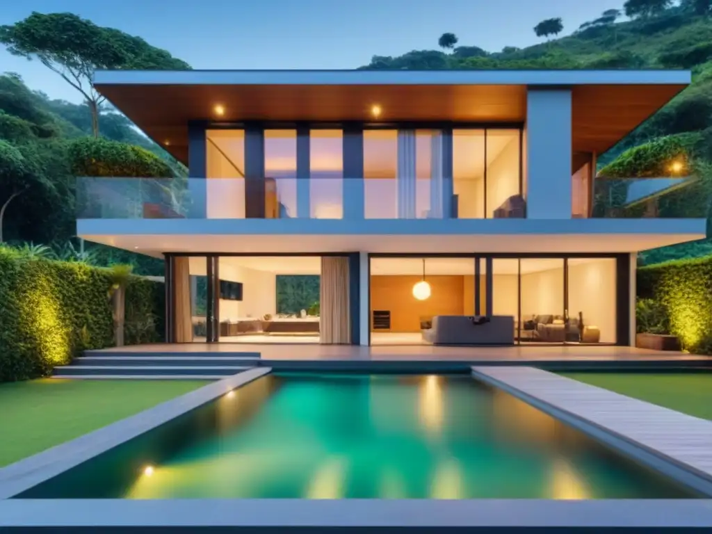 Residencia ecológica de lujo en entorno natural Invierte en propiedades de lujo sostenibles: Casa eco moderna rodeada de vegetación, con amplias ventanas, paneles solares y terraza sostenible