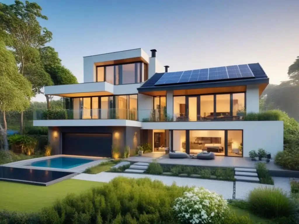 Residencia sostenible de lujo en armonía con la naturaleza Invertir en propiedades de lujo sostenibles: moderna casa rodeada de naturaleza, paneles solares y diseño contemporáneo