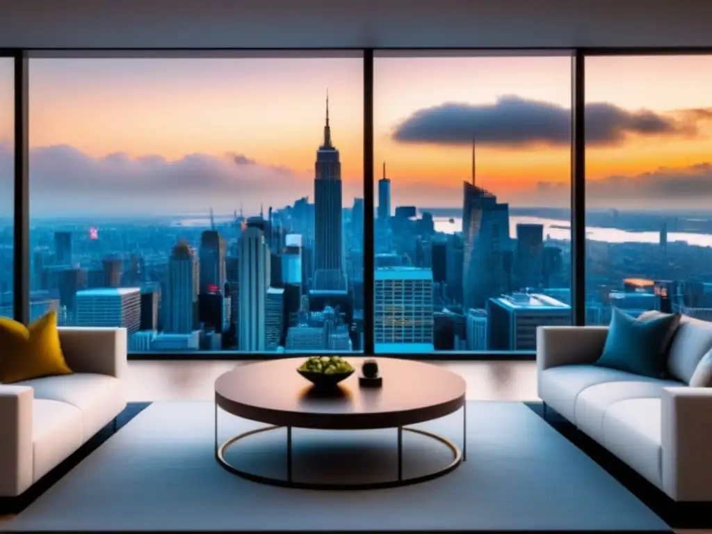 Penthouse de lujo con vista panorámica de la ciudad al atardecer Propiedades de lujo 2023 tendencias: Penthouse moderno con vista panorámica de la ciudad al atardecer y diseño elegante
