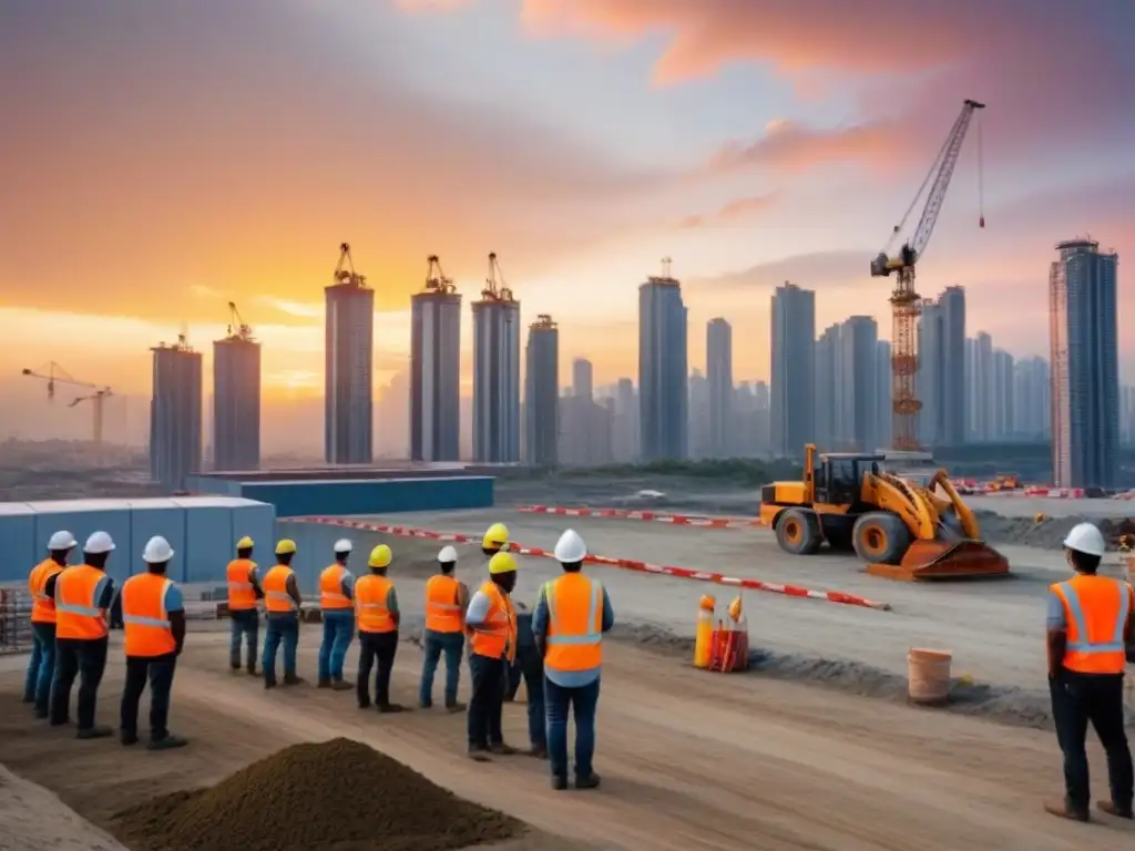 Avance urbano: construcción en una ciudad latinoamericana al atardecer Invertir en propiedades en construcción: Obras en una ciudad latinoamericana al atardecer, con obreros y grúas