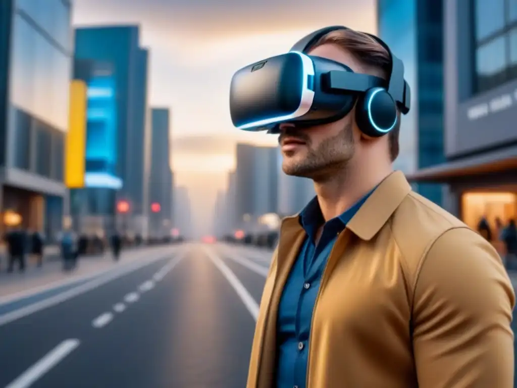 Headset de realidad virtual con IA avanzada, inmerso en cityscape futurista Visualización de propiedades con IA: Persona profesional usando casco de realidad virtual en ciudad futurista holográfica
