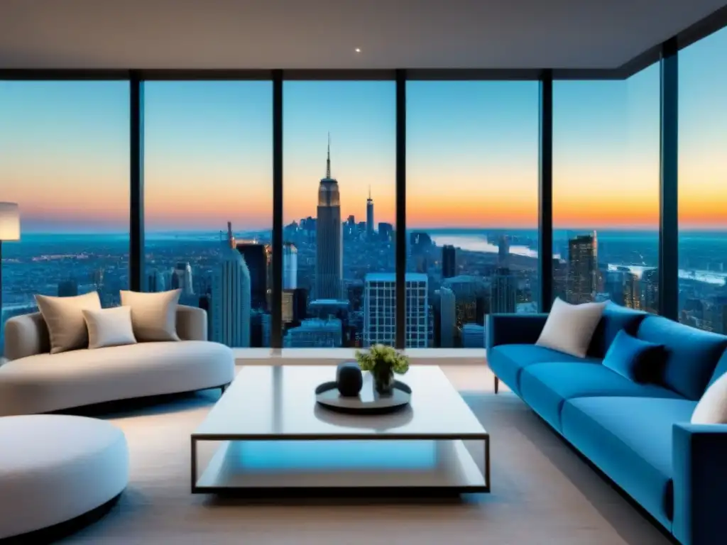 Sala de estar moderna con vista a la ciudad: lujo y elegancia Invierte en propiedades sin endeudarte: Sala de estar lujosa y moderna con vista a la ciudad y elegante decoración en tonos blancos, grises y azules