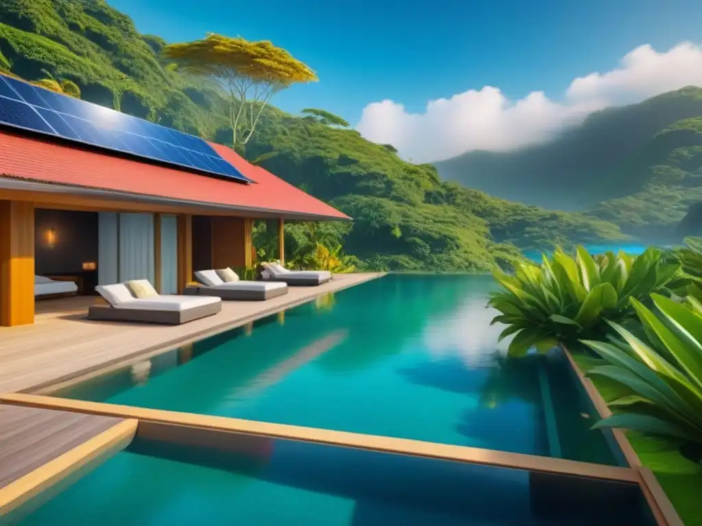 Resort ecológico de lujo en entorno tropical: diseño sostenible y naturaleza exuberante Propiedades vacacionales ecoamigables rentables: Un lujoso resort ecológico en un entorno tropical exuberante