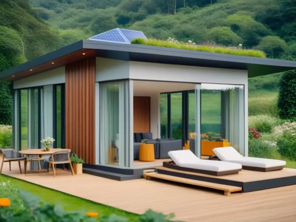 Propiedad vacacional moderna y ecológica en bosque verde Propiedades vacacionales ecoamigables rentables: Casa de lujo sostenible en bosque con paneles solares y jardín colorido