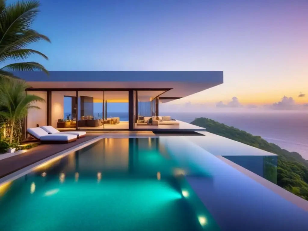 Propiedad de lujo con vista al mar y piscina infinita privada Inversión en propiedades vacacionales exitosa: lujosa propiedad moderna con vistas al mar turquesa y piscina infinita privada al atardecer