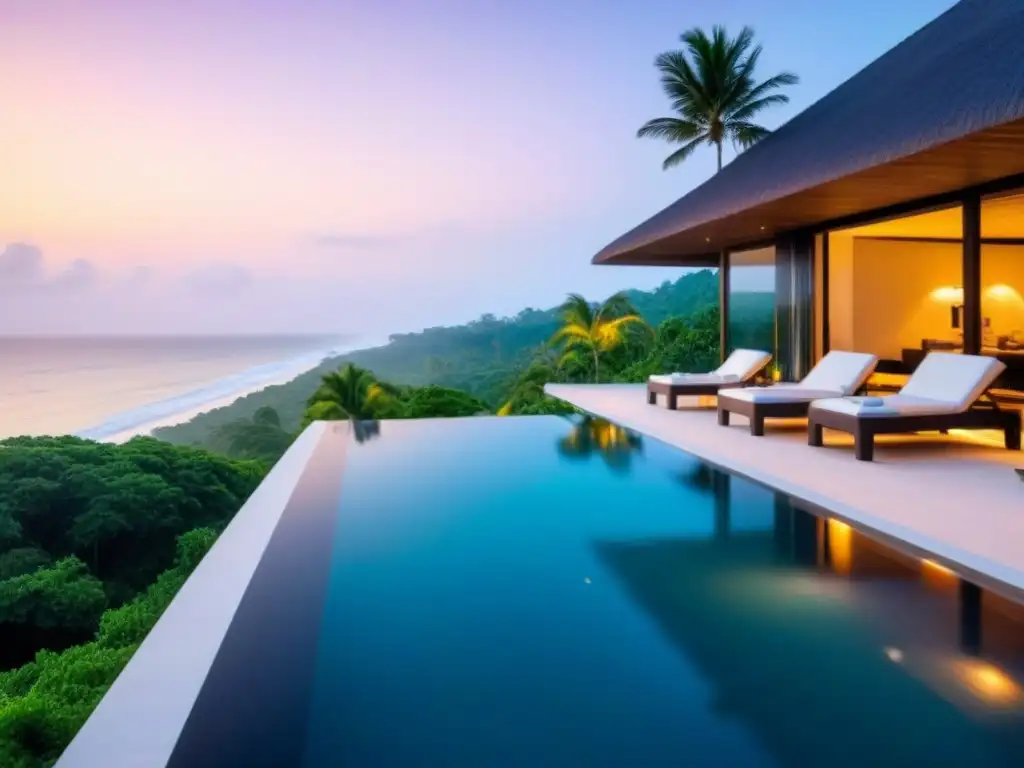 Villa de lujo con piscina infinita en la playa Inversión en propiedades vacacionales exitosa: lujosa villa con piscina infinita y vista a la playa al atardecer