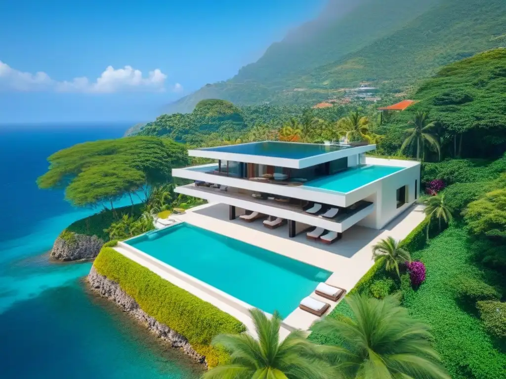 Propiedad vacacional de lujo con piscina infinita frente al mar Inversión en propiedades vacacionales exitosa: Villa de lujo con piscina infinita y vista al mar, rodeada de montañas verdes y mar turquesa