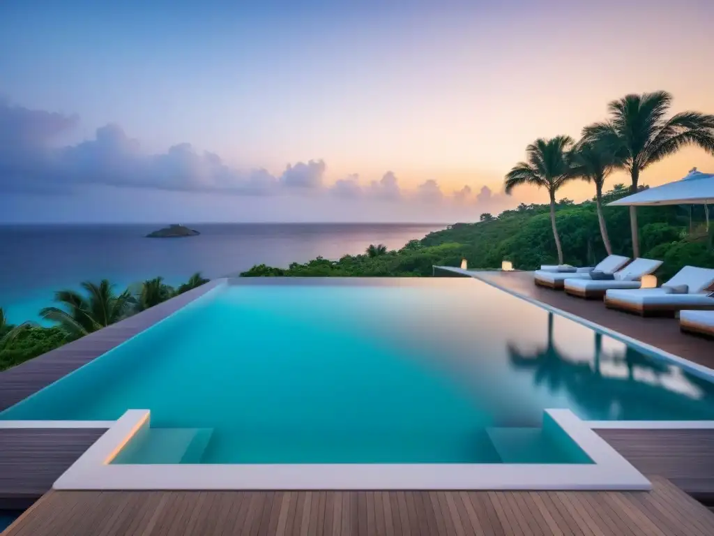 Villa de lujo en la playa con piscina infinita y atardecer Inversión en propiedades vacacionales exitosa: Villa de lujo con piscina infinita y vista al mar turquesa al atardecer
