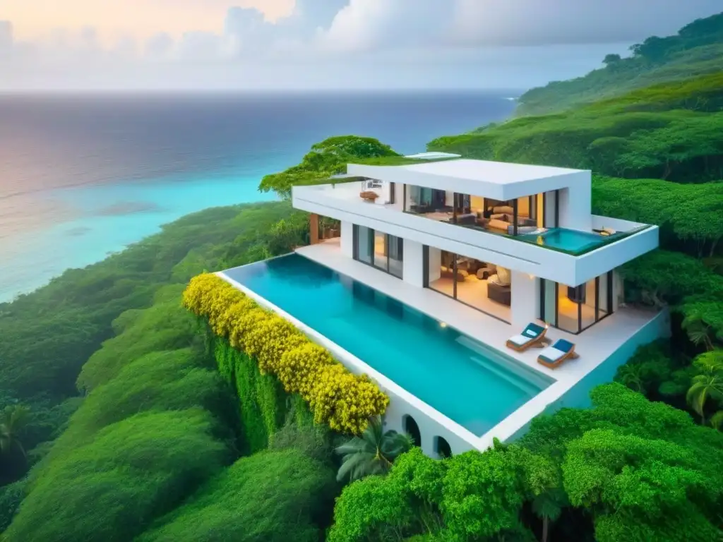Propiedad de lujo con vista al mar y piscina infinita Inversión en propiedades vacacionales exitosa: vista aérea de lujosa propiedad con piscina infinita y diseño moderno