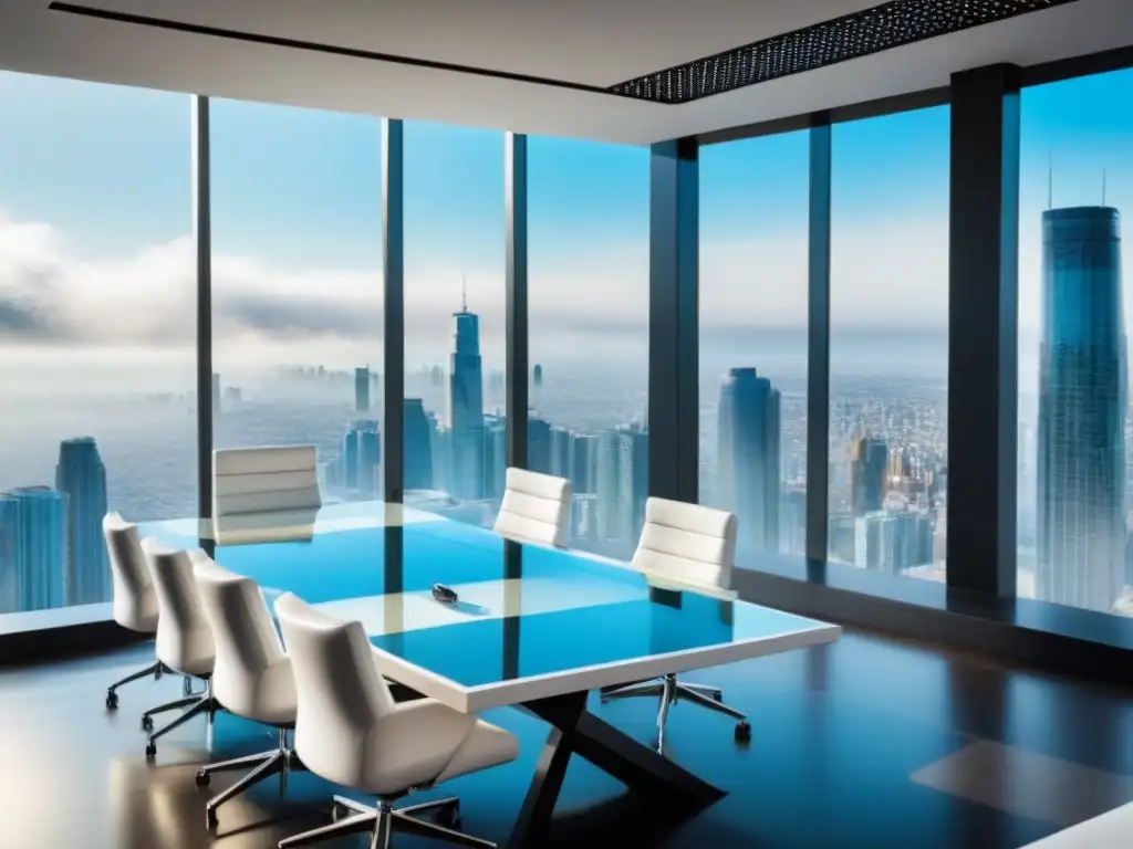 Propuesta de préstamo comercial: sala de juntas futurista y profesional Propuesta préstamo comercial irresistible: Sala de juntas futurista y elegante con mesa de vidrio, sillas blancas y profesionales discutiendo