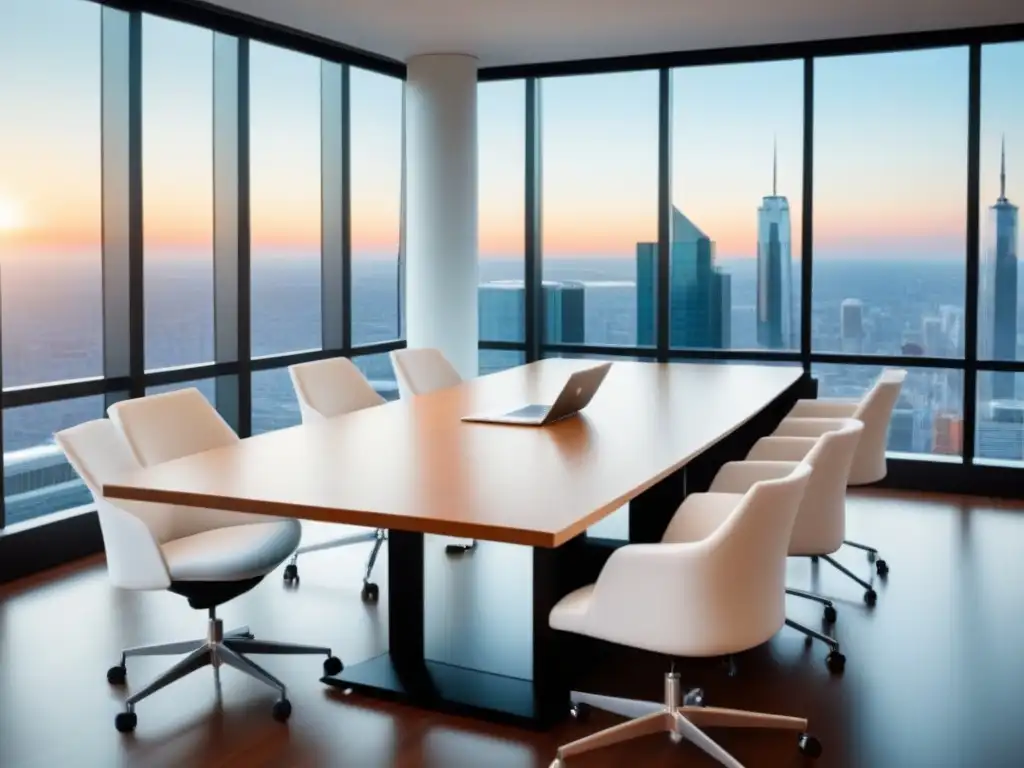 Sala de juntas moderna y elegante con vista panorámica Propuesta de préstamo comercial irresistible en moderna sala de juntas con vista a la ciudad