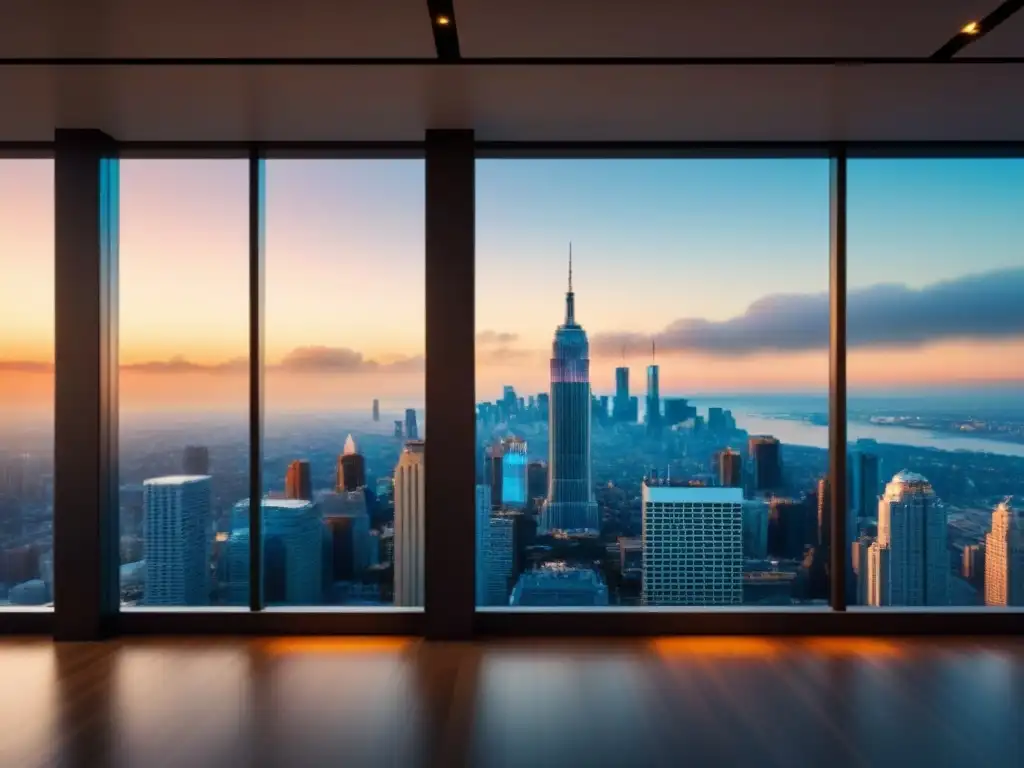 Espléndido rascacielos urbano al atardecer Invierte en proyectos inmobiliarios de lujo con vista a la ciudad al anochecer, mostrando beneficios de alta gama