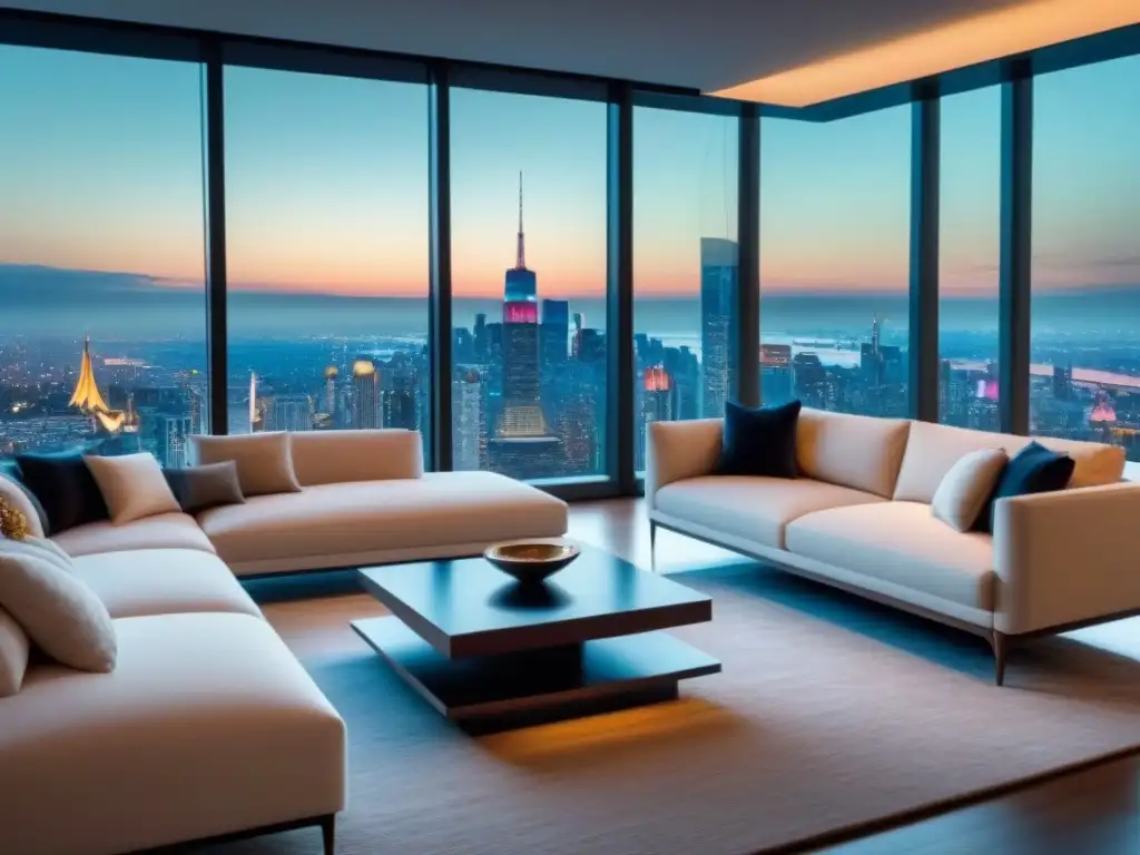 Sala de estar de lujo en propiedad exclusiva con vista panorámica Publicidad bienes raíces lujo personalizada: Sala de estar de lujo con vista panorámica y decoración elegante