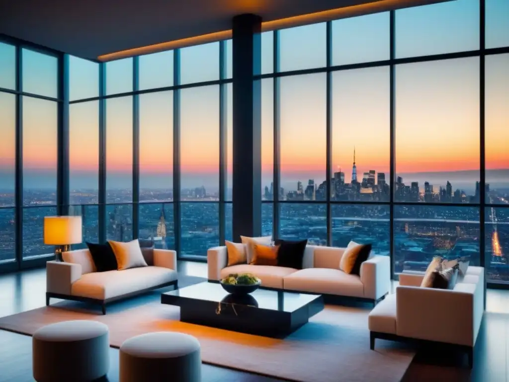 Penthouse de lujo con vista a la ciudad al atardecer Publicidad efectiva propiedades lujo: Sala de estar lujosa con vista a la ciudad al atardecer, elegante y sofisticada