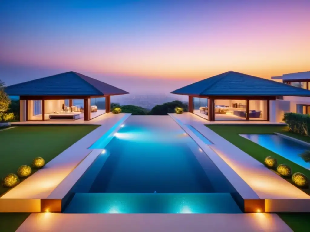 Residencia de lujo: moderna mansión con piscina infinita y atardecer Publicidad efectiva propiedades lujo: Mansión moderna de lujo con piscina infinita, jardín y atardecer pintoresco