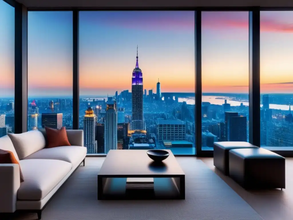 Penthouse de lujo con vistas urbanas al anochecer Publicidad efectiva propiedades lujo: Lujoso ático moderno con vistas urbanas al atardecer y elegante diseño interior
