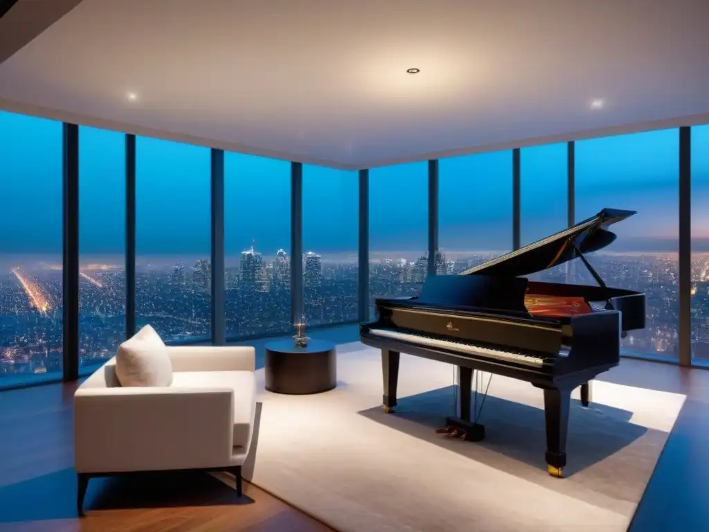 Residencia de lujo con vistas a la ciudad al anochecer Publicidad de eventos en propiedades de lujo: mansión moderna con ventanales y vistas a la ciudad al anochecer, interior elegante y sofisticado