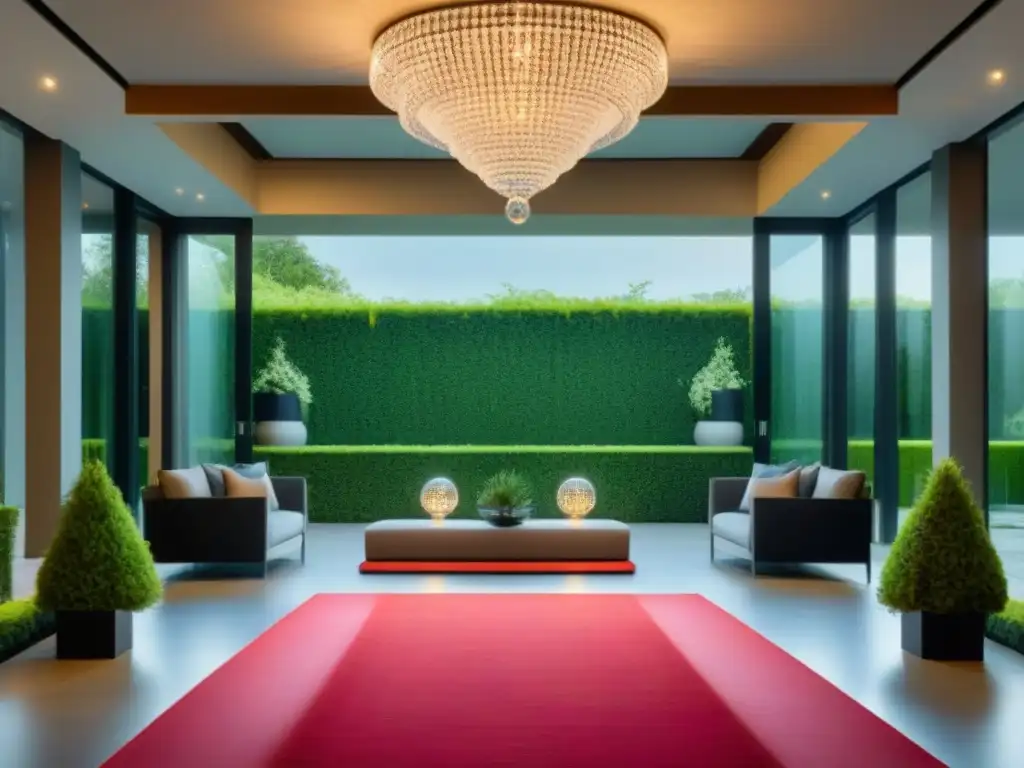 Mansión de lujo para eventos exclusivos en jardín elegante Publicidad de eventos en propiedades de lujo: Mansión moderna de lujo, jardín exuberante y elegancia en evento exclusivo