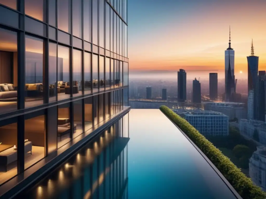 Anuncio inmobiliario de lujo en ciudad moderna al atardecer Publicidad exterior inmuebles lujo: Edificio de cristal lujoso en la ciudad al atardecer, reflejando sofisticación urbana