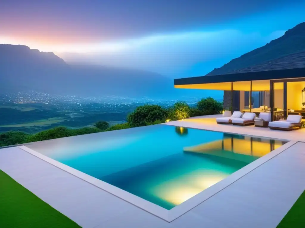 Espectacular mansión moderna con vistas a la montaña Publicidad exterior inmuebles lujo: Mansión moderna de diseño elegante con ventanales y jardín, piscina infinita y vista a la montaña