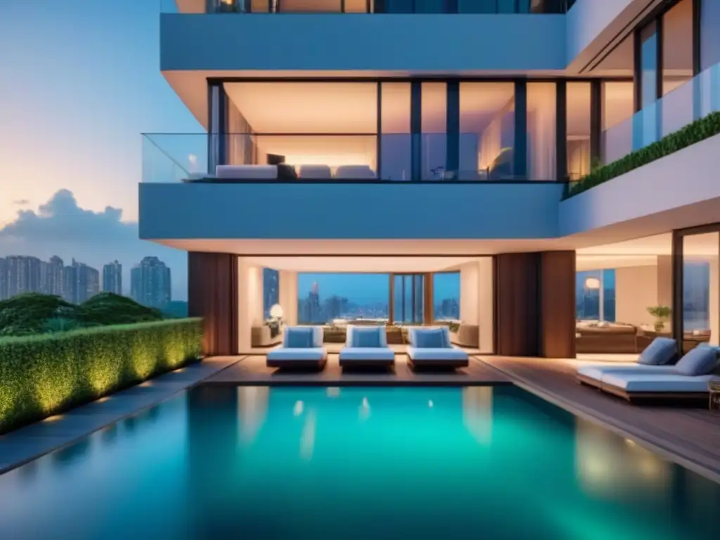 Edificio moderno de lujo con vistas urbanas al atardecer Publicidad inmobiliaria de lujo: Exclusivo edificio de apartamentos con vista a la ciudad al anochecer, rodeado de lujo y sofisticación