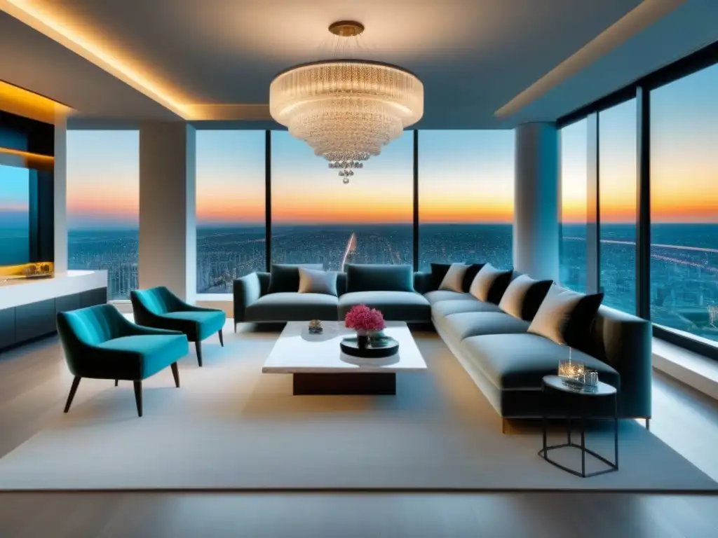 Penthouse de lujo con vistas panorámicas y elegancia urbana Publicidad inmobiliaria de lujo: Un lujoso ático moderno con ventanales de suelo a techo y vistas panorámicas a la ciudad
