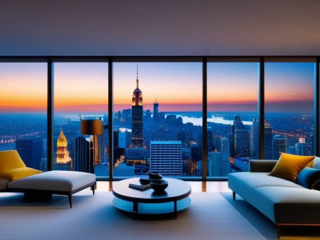 Penthouse de lujo con vistas nocturnas a la ciudad Publicidad inmobiliaria de lujo: lujoso ático moderno con vista nocturna de la ciudad y diseño contemporáneo elegante