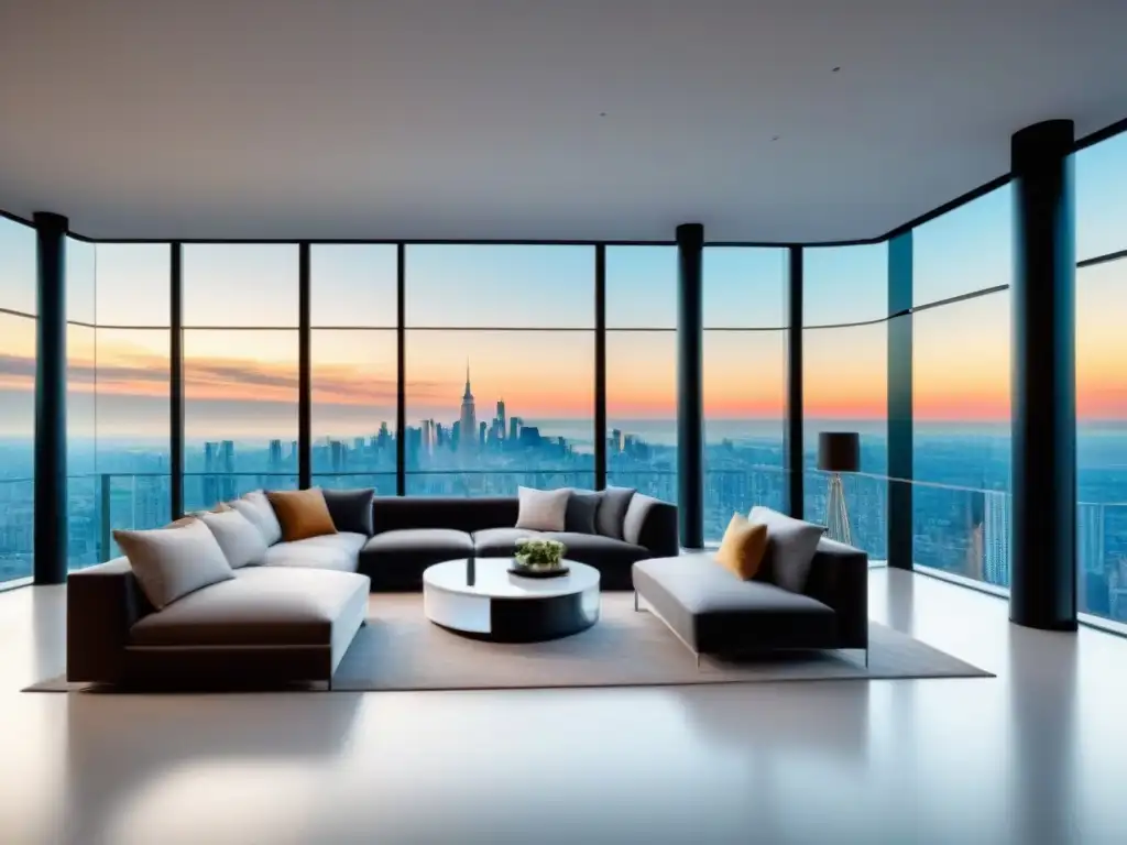 Penthouse de lujo con vistas panorámicas en ciudad vibrante Publicidad inmobiliaria de lujo: Luminoso penthouse moderno con vista panorámica en una vibrante ciudad