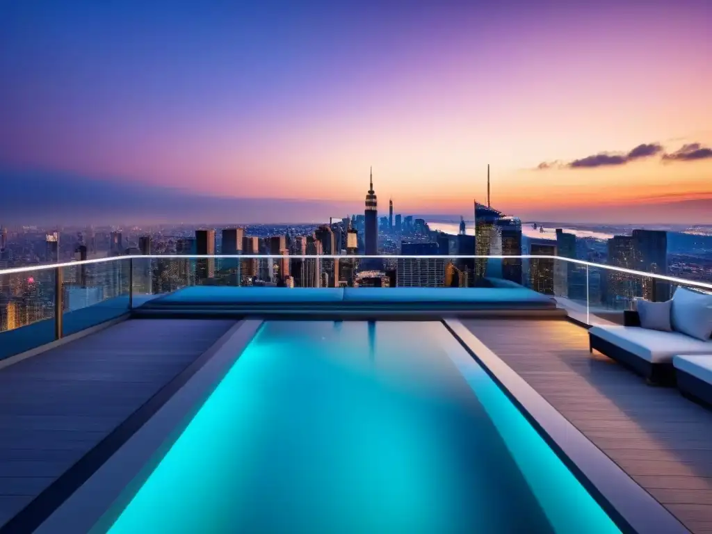 Penthouse de lujo con infinity pool en la ciudad al atardecer Publicidad inmobiliaria de lujo: Penthouse moderno con vistas panorámicas a la ciudad al atardecer y terraza con piscina infinita privada