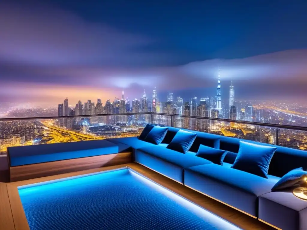 Penthouse de lujo con diseño elegante y tecnología avanzada Publicidad inmobiliaria de lujo: Penthouse moderno con vista a la ciudad de noche, diseño elegante y tecnología integrada