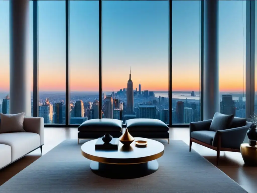 Penthouse de lujo con vista panorámica en 8k Publicidad inmobiliaria de lujo: Penthouse moderno con ventanales panorámicos y elegante decoración contemporánea
