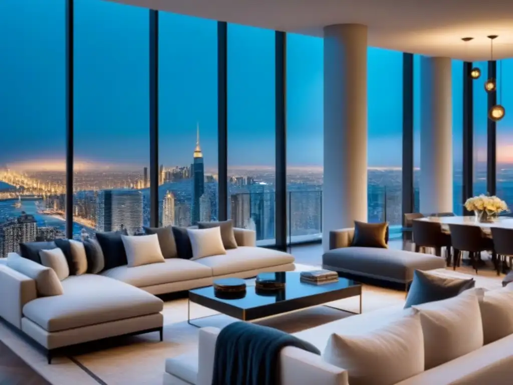 Penthouse de lujo con vistas panorámicas en 8k Publicidad inmobiliaria de lujo: Penthouse moderno de lujo con vista panorámica a la ciudad y decoración elegante